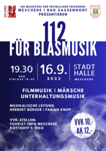 Konzertplakat 112 für Blasmusik 2023 des Musikzuges der Freiwilligen Feuerwehr Meschede